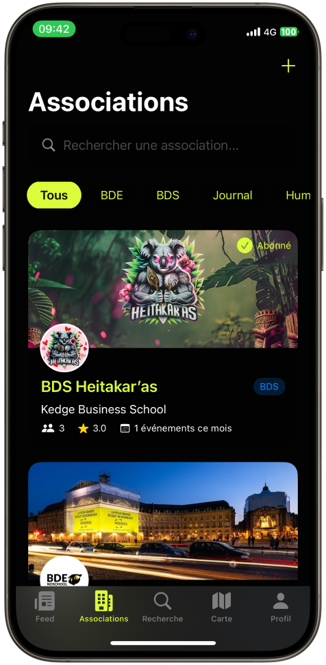 Écran de l'application BDB montrant la liste des associations étudiantes